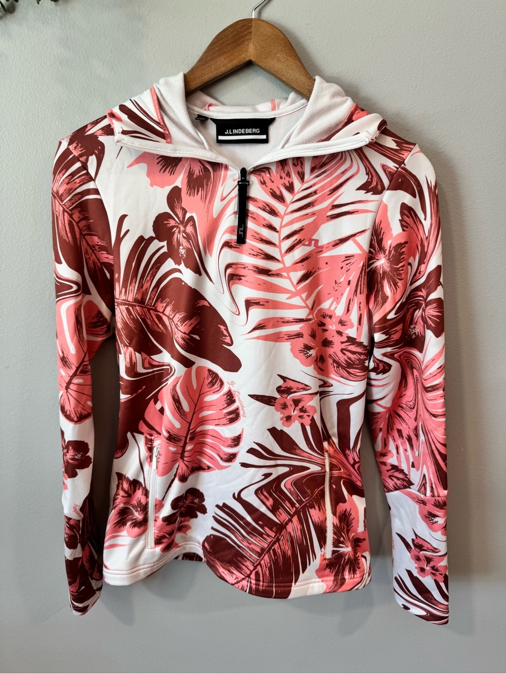 J.Lindeberg White Hoodie with Pink & Burgundy Tropical Print Sz S